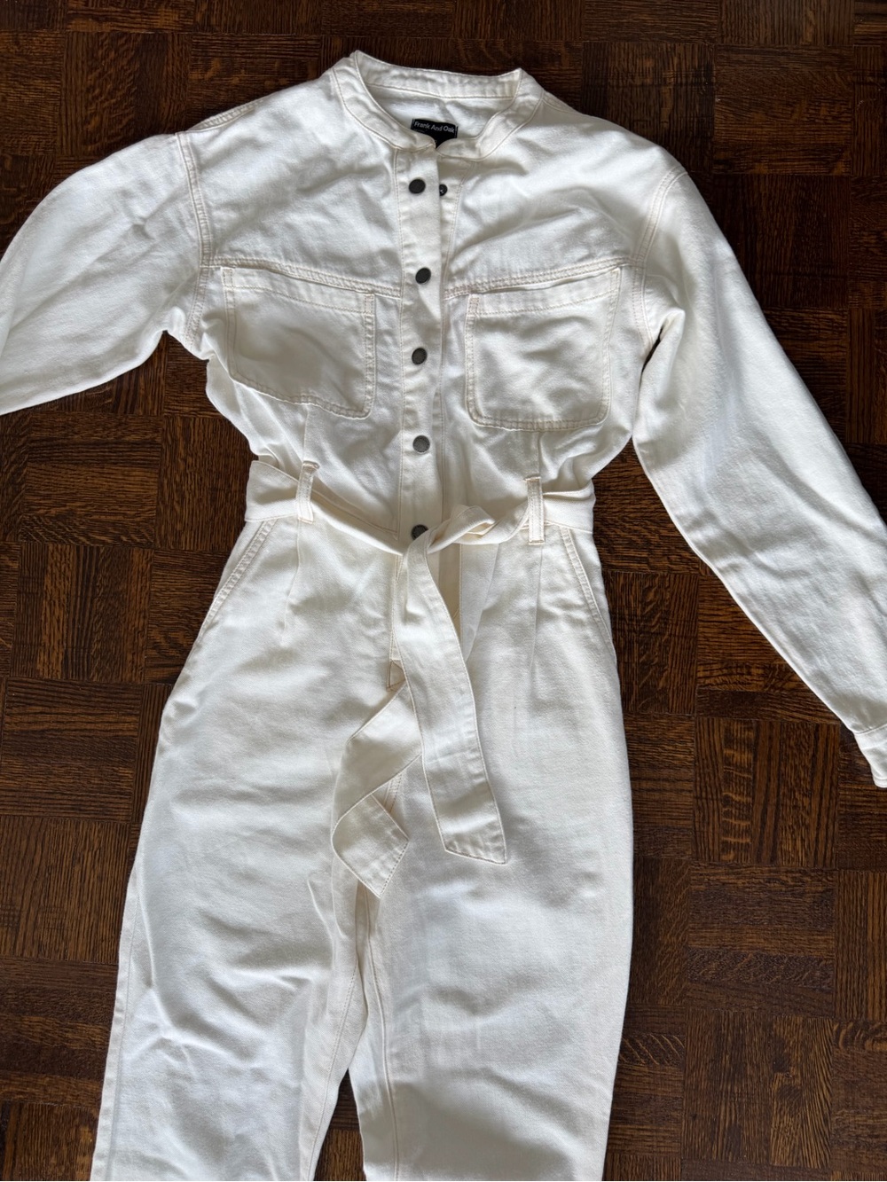 Frank & Oak Cream Button-Front Utility Jumpsuit with Tie Waist